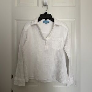 CeCe White Textured Gauze Pullover with Chest Pocket